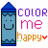 Pixelated blue crayon with smiling face, purple "COLOR" text above pink "me" and orange "happy" below, small red heart next to "happy", repeated in