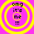Four identical circular icons with yellow concentric rings on a pink background, each containing black text reading "omg it's me !!!" in pixelated font.