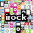 Pixelated static image with central black text 'irock' over a colorful grid of small square tiles in various hues.