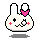 Pixel art bunny head with pink bow, black eyes, red blush marks, and white mouth; four variations show eye and mouth changes across frames.
