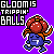 Pixel art character with red head and blue body on multiple colored backgrounds, text "GLOOM IS TRIPPIK BALLS" above each instance.