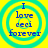 Four identical circular icons with cyan rings on yellow background, each displaying blue text "I love ceci forever" in pixelated font.