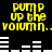 Yellow text reading "pump up the volumn..." appears twice on a black background with white horizontal bars resembling audio equalizers.