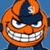 Pixelated orange character with dark blue cap and wide white-toothed grin against solid light blue background.