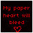 Red pixel text and heart symbols on black background, with animation showing varying opacity of text and heart shapes