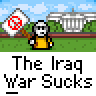 A 3x2 contact sheet of six animated frames showing a pixelated protest scene with a stick figure holding an anti-war sign in front of the White House, displaying changing text bubbles and repeated slogans.