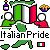 Animated contact sheet showing three frames of an Italian-themed buddy icon with stick figures, pizza, wine, and the Italian flag.