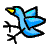 Blue bird with yellow beak and black outline in various poses against gray background.