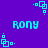Pixelated cyan text 'Rony' on purple background with cyan square-dot patterns, static image with no animation.