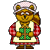 Pixelated cartoon bear wearing a chef's hat and apron holding a green gift box with a brown ribbon, standing against a gray background.
