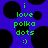 Green pixelated text on a blue background with black circular shapes, displaying 'i love polka dots :)' in multiple instances.