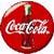 Circular red icon with white cursive text reading 'Coca-Cola' across the center, featuring a green leaf detail at the top.