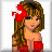 Pixel art contact sheet showing two frames of an animated AIM buddy icon featuring a cartoon woman with long brown hair, red flower headpiece, and red strapless dress against white background.