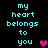 Pixelated cyan text 'my heart belongs to you' on black background with pink and purple hearts, animated between two states.