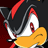 Pixelated character with black fur, red accents on ears and eyes, white muzzle, yellow beak-like mouth, and a dark background.