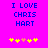 Bright pink background with blue pixelated text reading "I LOVE CHRIS HART" and five yellow/orange flower-like symbols below.