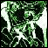 Green and white pixelated animation of a character with flowing hair and dynamic pose against a dark background, with text elements on the right.