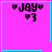 Pixelated icon with pink background, cyan border, and black text reading "JAY" flanked by hearts above a heart-eyes symbol.