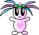 Pixelated pink character with large black eyes, green headband, and blue-purple hair strands, standing with arms outstretched against gray background.