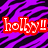 Pixelated red text 'holby!!' and a white heart symbol on purple tiger-stripe background.