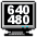 Four pixelated computer monitors display varying screen content including resolution numbers and color bars, with two showing identical patterns.
