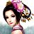Pixelated static icon of a woman with dark hair styled in an updo featuring pink flowers and gold accents, wearing a sleeveless dress with purple and white stripes against a blurred background.