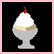 Pixelated dessert in a glass with whipped cream, caramel layer, and cherry on top; animation shows gradual removal of toppings until only the empty glass remains.