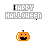 Animated pixel art icon with orange pumpkin face and 'HAPPY HALLOWEEN' text showing sequential letter changes across frames.