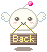 A 4-frame animated contact sheet of a pixel art character with white wings, pink cheeks, and a wooden sign reading 'Back' held by its mouth across four distinct expressions.