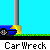 Animated sequence showing a blue car with yellow headlights and red-and-white interior details moving across a bright blue background with gray pillars and green grass, accompanied by speech bubbles and repeated text.