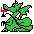 Pixelated green dragon icon with yellow eye, red and white mouth parts, black outlines on gray background.