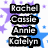 Four stacked text blocks with names in pixelated font against a white background with purple and blue star shapes.