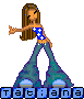 Pixelated cartoon woman with long brown hair in blue star-patterned top and teal bell-bottom pants, standing with arms extended, text "tacians" below.