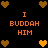 Pixel art icon with orange text "I BUDDAH HIM" and brown/orange hearts on black background, animated heart color changes.