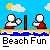 Pixelated beach scene with two figures, blue water, and sun-and-cloud sky; text "Beach Fun" below each frame.