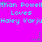 A static image with a bright pink background displaying repeated text in cyan and green pixelated font, including 'Ethan Powell', 'Loves', and 'Haley Varju' with scattered star-like symbols.