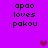 Purple background with black pixelated text 'apao loves pakou' repeated in four quadrants and three pink heart icons positioned between them.