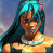 Pixelated image of a person with teal hair wearing a yellow top against a gradient background.