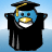 Pixelated blue bird in black graduation gown and cap with yellow tassel, smiling against light blue background.