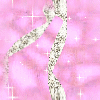 Pink background with white starbursts and silver glittery ribbons in a vertical arrangement.