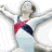 Pixelated static image of a gymnast in mid-pose wearing a white leotard with red and dark blue accents, arms extended horizontally.