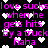 Pixelated text in bright pink on black background with white heart shapes scattered throughout, repeating phrases and 'haha' in a