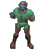 Pixelated figure in green and brown attire with blue face covering, standing against light gray background.