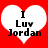 Red background with two white heart shapes containing black text reading "I Luv Jordan" in pixelated font.