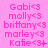 A static pink background displays repeated text strings in a pattern with varying punctuation at the end of each name