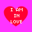 Four red heart shapes with white text "I AM IN LOVE" on a bright pink background, arranged in a
