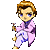 Pixel art character in pink coat and white pants with brown hair, shown across multiple poses holding a small object.