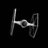 A 3D model of a TIE fighter from Star Wars rotates through multiple angles against a black background, showing its wings and central cockpit.