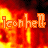 Animated icon with fiery background and 'iconhell' text, transitioning through color variations from red-orange to yellow-brown and grayscale.