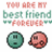 Pixelated text and names arranged in a with two circular icons below the top